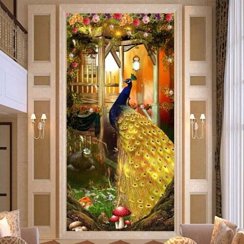 Custom 3D Photo Wallpaper Golden Peacock Entrance Background Wall Mural Wallpapers For Living Room Corridor Wall Decor Painting