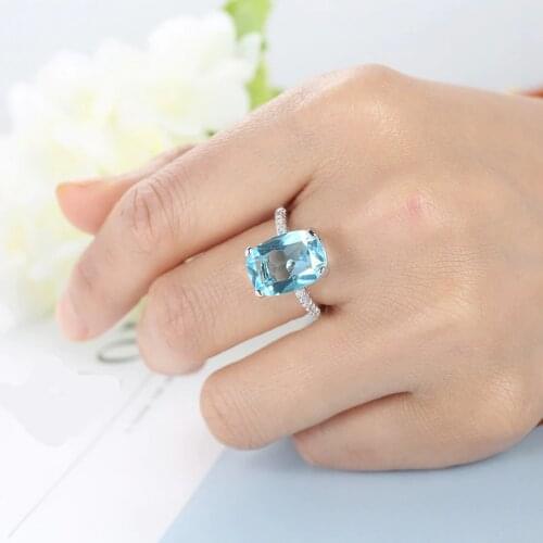 Christmas Gift sterling silver Rings Charm Jewelry Ring For Ladies With light blue Big Square Cut CZ Hot Sell