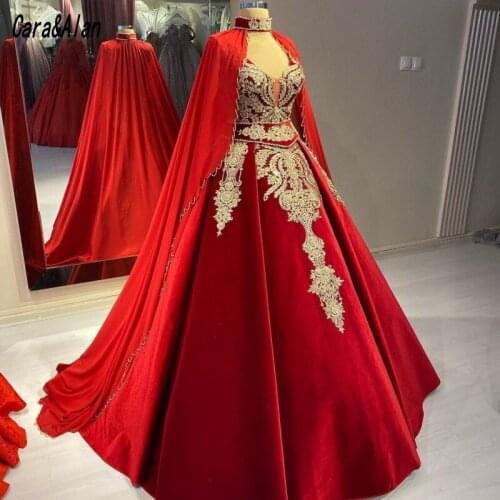 Modest Arabic Dubai Burgundy Evening Dresses with Cape V Neck Satin Prom Dress Long Lace Applique Vestidos Formales Abendkleider