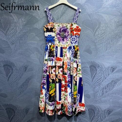 Seifrmann New 2021 Summer Women Fashion Runway Party Midi Dress Sexy Spaghetti Strap Gorgeous Crystal High Waist Printed Dresses