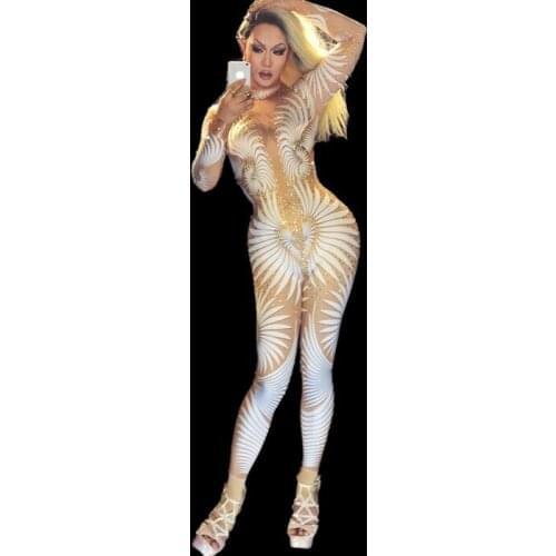 Sexy Geometric patterns Jumpsuit Sparkly Stones Bodysuit Stage Wear Womens Celebrate Female Singer Crystals Costume Outfit