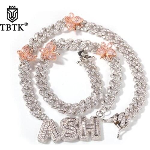 TBTK Personalized Letters Iced Out Cubic Zircon Handmade Pendant With Pink Butterfly 9mm CZ Cuban Necklaces Drop shipping