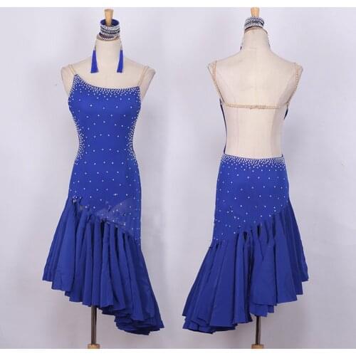 Current Latin Dancing Dresses For Ladies Blue Black Rhinestone Skirt Suit Women Ballroom Fantasia Infantil Performance Dress1193