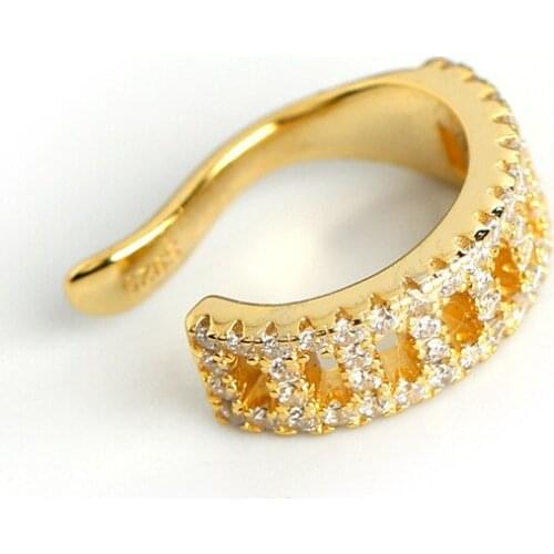 ONLY 1PC (No Piercing) Authentic 925 Sterling silver Micro Pave CZ Hollow Square Clip Cuff Earrings for Women CE197