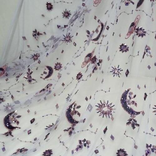 1 Yard Galaxy Stars Moons Sequined Tulle Net Lace Fabric Embroidered Netting Fabric For Evening Prom, Haute couture, Party Dress