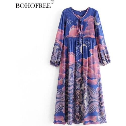 Boho Vinatge Floral Print vintage dress LongTunic Dress Rayon Cotton Moon Star Maxi Hippie Tropical Vestidos