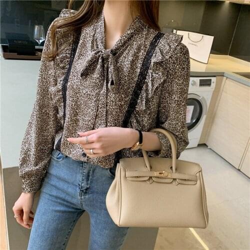 2021 new style Korean fan lace folds ruffled chiffon long-sleeved bowknot shirt for women