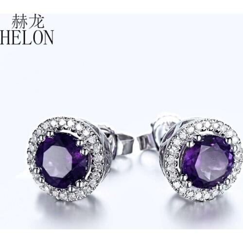 HELON Round 1.6ct Natural Amethyst Women Earrings Sterling Silver 925 Engagement Wedding Fine Jewelry Diamonds Stud Earrings
