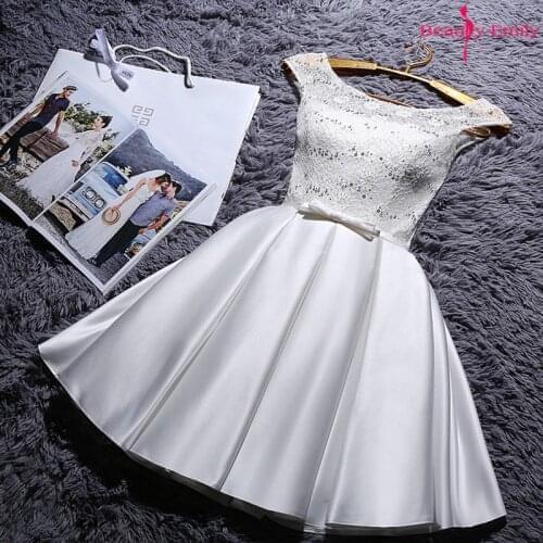 Beauty-Emily Lace Sleeveless Boat Neck Bridesmaid Dresses Short 2019 Bow Hollow Wedding Party Dress For Guest Pleated Prom Dress