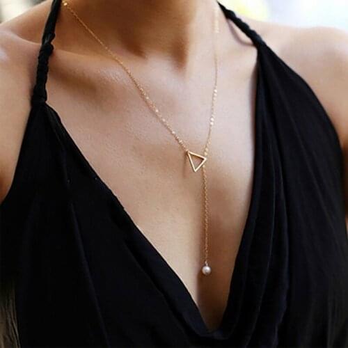 Women Fashion Gold Necklace Simple Hollow Triangle Adjustable Pearl Pendant Necklace Exquisite Girl Jewelry Gift