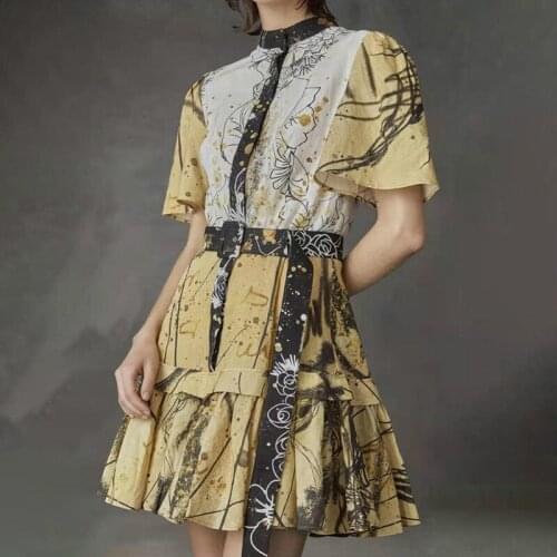 Print Vintage Mini Dress For Women Stand Collar Short Sleeve High Waist Hit Color Patchwork Dresses Female Fashion Style Z039