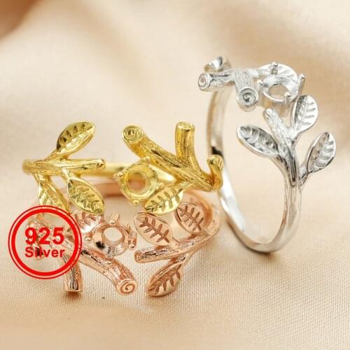 4mm round CZ stone prong setting tree branch leaf 925 sterling silver bezel tray adjustable ring settings 1212037