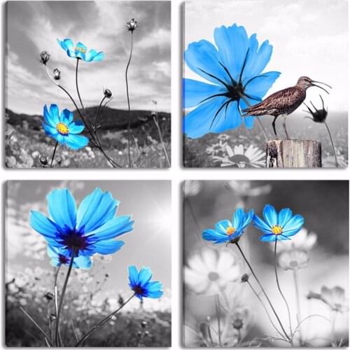 4 Panel Modern Wall Canvas Painting Home Decorative Paint On Canvas Prints Blue flower Enchanting Modular Picture No Framed