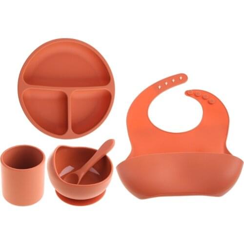 5PCS/Set Baby Plate Bowl Spoon Bib Set Food Grade Silicone Kitchenware Suction Childrens Tableware Silicone Dishes 69HE