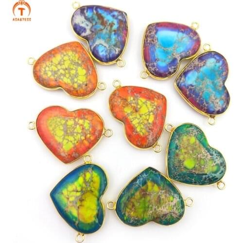 5pcs Natural Stones Exquisite Stone Heart Shaped Pendants Gold Diplopore Connector Charm Woman Jewelry Necklace Bracelet Making