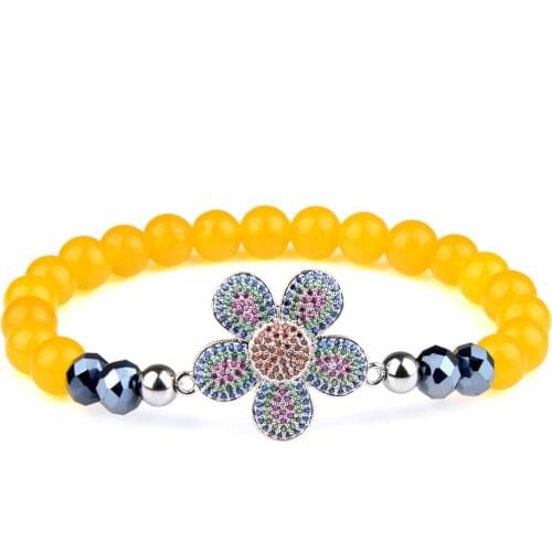 Chanfar Yellow Hematite Beaded Natural Stones Bracelet Flower Charm Crystal Zircon Micro Pave Pendant Women Fashion Jewelry