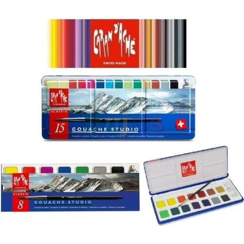 Caran d'Ache Gouache Studio Set Gouche Cake Paint Brush Metal Tin Artist Set,8/15 colors