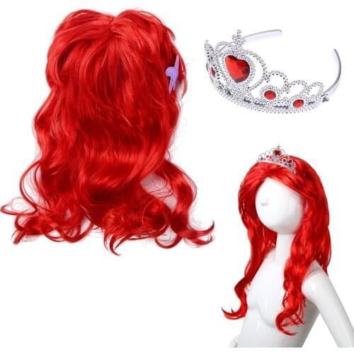 Kids Girls Princess Dress up Red Wigs with Tiaras Crown Hair Halloween Anime Cosplay Costume Mermaid Accessories for Carnival