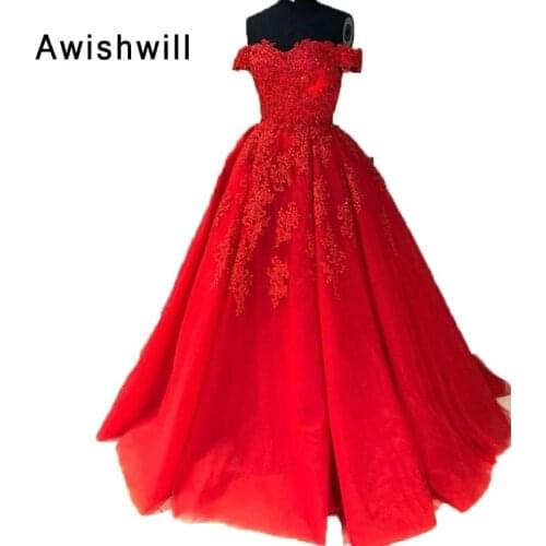 Elegant Off The Shoulder Ball Gown Prom Dress Long Appliques Tulle Lace-up Back Women Formal Evening Gowns Plus Size Vestidos