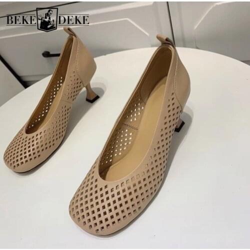 Elegant Ladies Slip On Sheepskin Genuine Leather Sandals Med Heels Hollow Out Breathable Office Women Summer Sandals Loafers