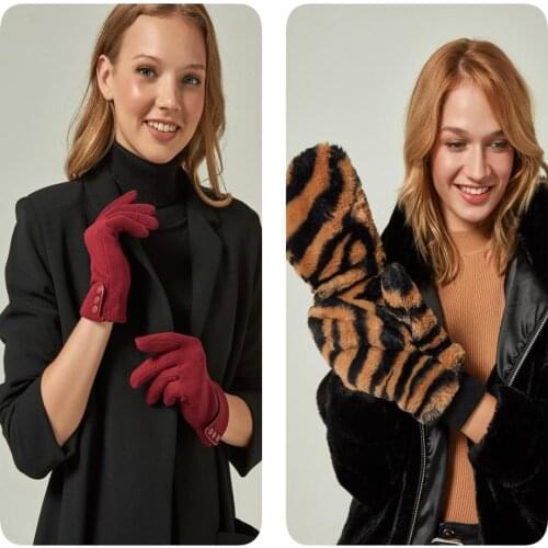 Turkish Quality Elegant Women Faux Fur Leather Cotton Polyester Gloves Autumn Winter New Fashion Female Warm Cute Wool Furry