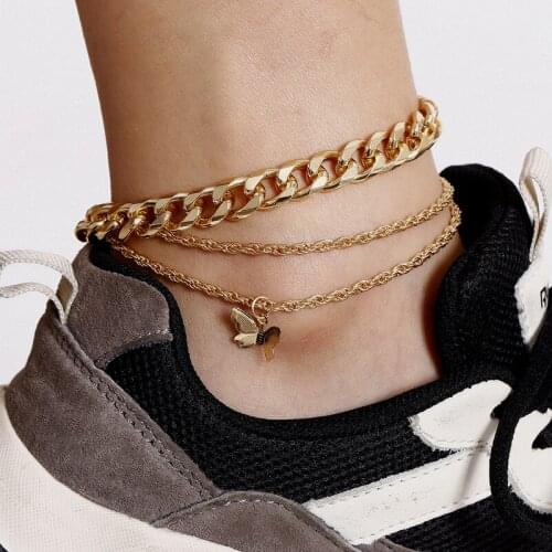 European And American Exaggerated Thick Chain Temperament Simple Footwear Creative New Product Combination Butterfly Anklet