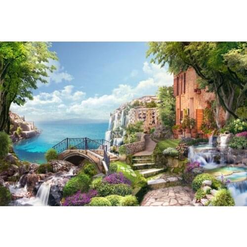 European Style Seaside Waterfall Town Photography Backgrounds Customized Portrait Photographic Backdrops For Home Photo Studio