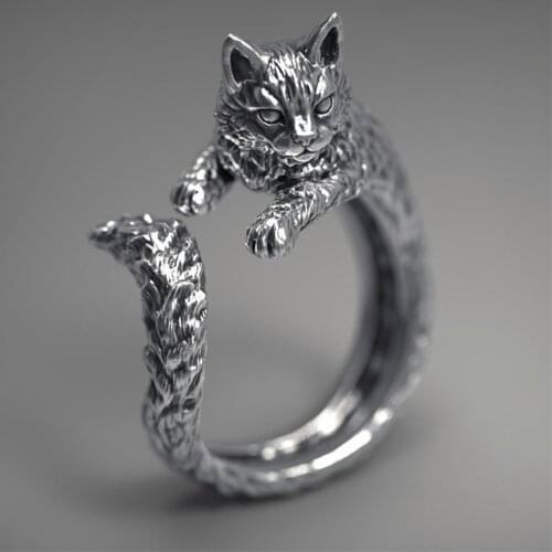 Retro Creative Geometric Design Retro Thai Silver Black Cat Ring Fashion Personality Men And Women The Same Jewelry Gift