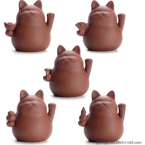 P8DE Cute Lucky Cat Tea Pet Desktop Ornaments Handmade Ceramic Wealth Rich Cat Tea Pet for Kungfu Water Tea Tray Accessories