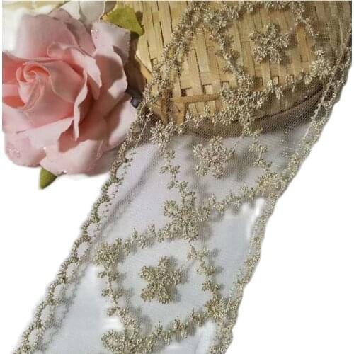 1Yards Embroidery Lace Flower Applique Gold Ribbon Sewing Trimmings 8cm Ribbons Mesh Lace Fabric For Dresses encaje bordado LA11