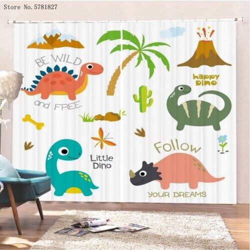 Dinosaur Cartoon Window Curtains 2 Panels Lion Fox Window Treatments 3D Print For Bedroom Window Drapes Home Decor Curtain