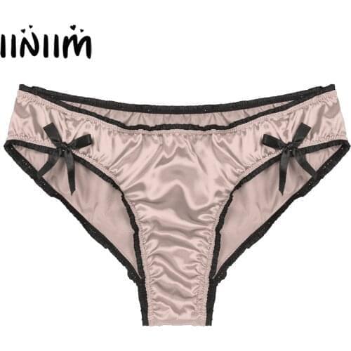 Mens Solid Color Panties Frilly Low Waist Satin Briefs Sissy Male Gay Underwear Nightwear Bowknot Sexy Lingerie Underpants
