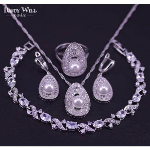 Silver Color Bridal Pearls Jewelry Sets Women Wedding Jewelry With Pearl Zircon Drop Earrings Ring Pendant Necklace Set