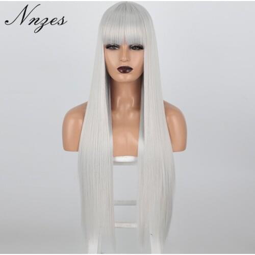 NNZES 30inches Straight Long Grey Wig with Bangs Synthetic Wigs Black Pink Red Color for Women Heat Resistant Fiber