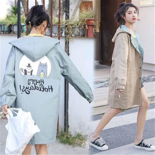 New Double-sided Windbreaker Womens 2020 Spring Autumn Korean drape Print Women loose Large Size Hooded Long Trench Coats B516