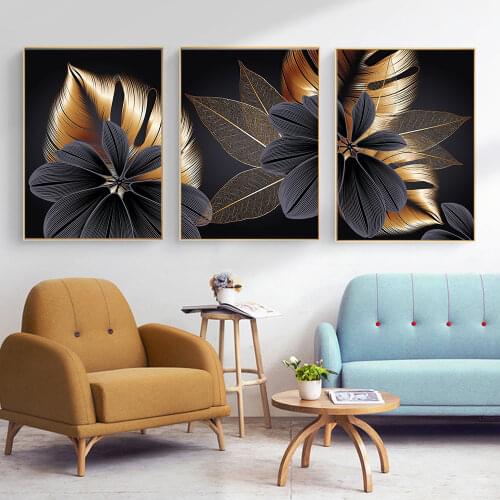 Black Golden Plant Leaf Canvas Poster Print Modern Home Decor Abstract Wall Art Painting Nordic Living Room Decoration Picture