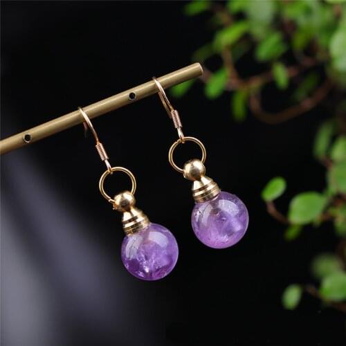 Natural Quartz Stone Perfume Bottle Earring 12mm Round Amethysts Crystal Essential Oil Diffuser Dangle Earrings Reiki Healing