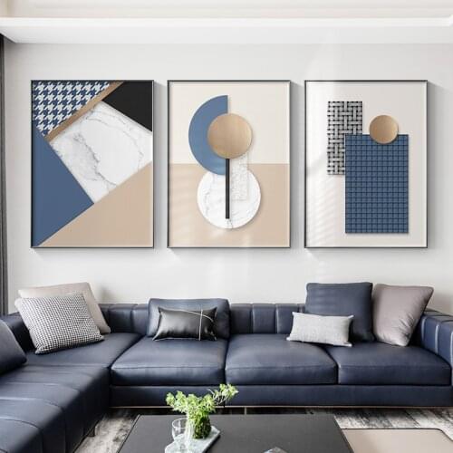 Modern Blue Abstract Geometric Wall Art Weave Pattern Marble Canvas Painting Picture Poster and Print Living Room Home Decor