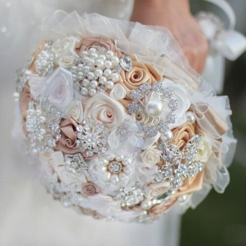 Ivory Champagne brooch bouquet Bridal crystal Wedding Bouquet custom made Cloth creation Fabric Bride 's bouquets