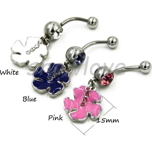 Showlove-1pcs Surgical Steel Epoxy Flower Dangling Navel Belly Button Rings Piercing, 14G Crystal Belly Navel Bar Body Jewelry