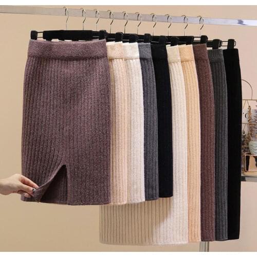 Slit Knitted Female Autumn Winter Long Dress Wool Skirt Woman Skirts Faldas Jupe
