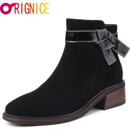 Orignice Fashion Thick Heels Ankle Boots Autumn Winter Women Kid Suede Elegant Round Toe Zipper Black Brown Shoes Big Size 34-42