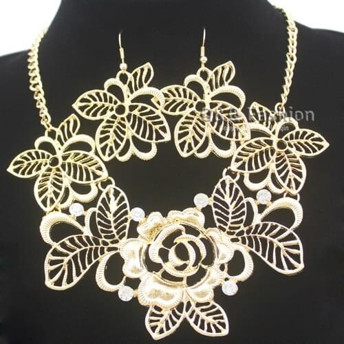 Lady Gold Filigree Flower Rose Leaf Rhinestone Statement Necklace + Earrings Set Jewelry 0 New