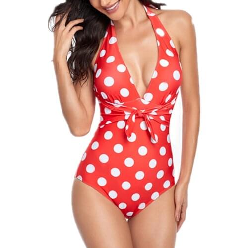 Women Vintage V Neck Halter Backless Bikini Set Polka Dot 1 Piece Swimwear Beach Suit Tie Knot Front Monokini Swimsuit Bikinis