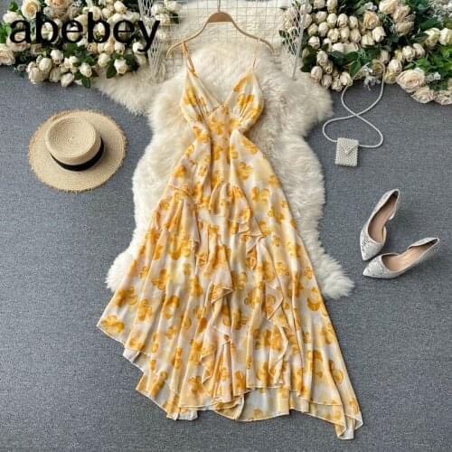 Elegant Floral Print Holiday Dress Sexy V-neck Spaghetti Strap Backless Ruffles Irregular Boho Beach Maxi Chiffon Dress Women