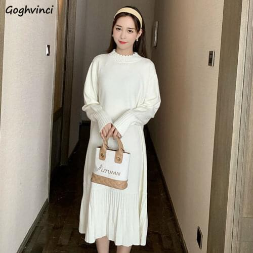Long Sleeve Dress Women Plus Size 4XL Patchwork Knitted Ruffles Solid Autumn Chic Elegant Retro Loose Oversize Ulzzang Casual