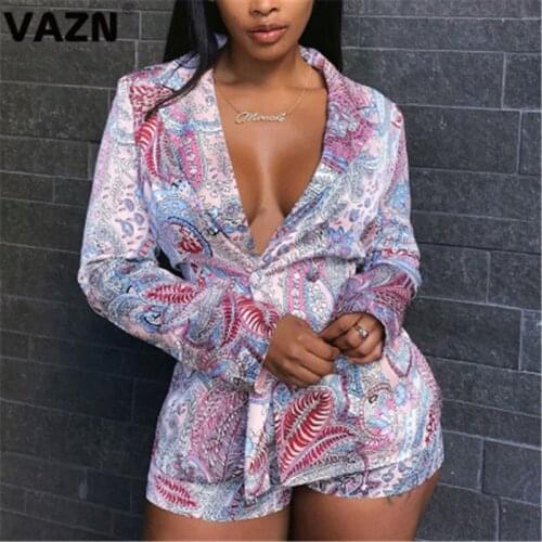 VAZN 2020 Colorful Print Turn Down Collar Sexy Festival Clothing High Street Set Holiday Women Young Energetic Set