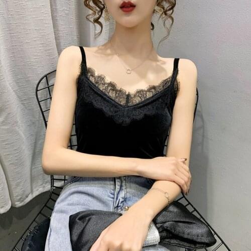 2021 Sexy Lace Female Tank Tops Women Velvet Sleeveless V Neck Womens Camisole Halte Tank Top Slim