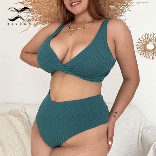 2021 Solid ribbed swimwear V neck bandeau bikini set High waist swimsuit womens swimming suit Sport plus size bathing suit New