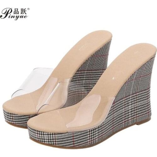 Fashion summer new wedge heels high heels fashion striped lattice waterproof platform transparent crystal glass sandals